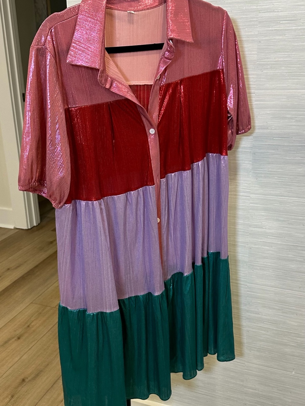 Colorblock Shimmer Button-Up Dress in Pink, Red, Lilac & Green